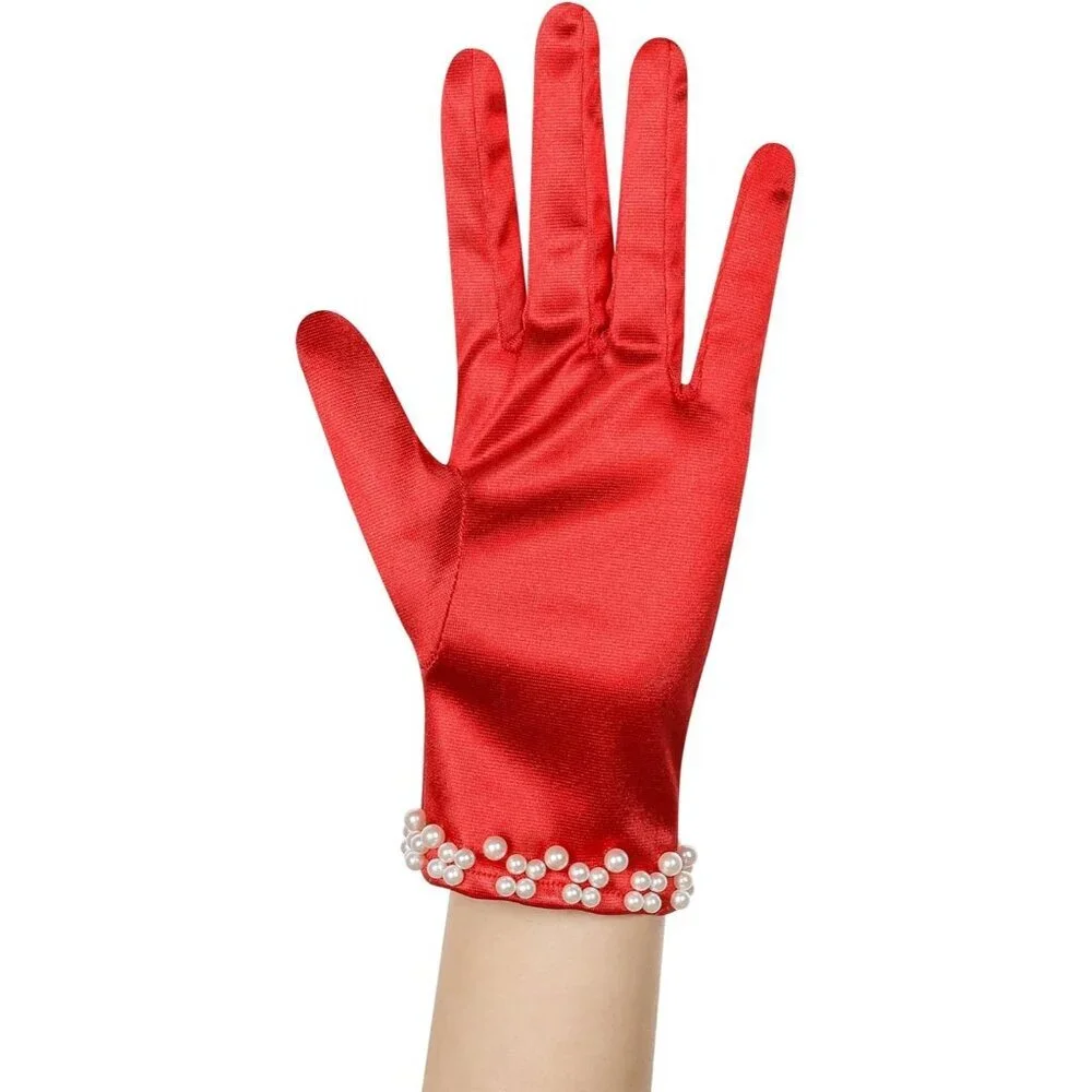 Women's Orange Satin Pearl Short Length Wrist Gloves Wedding Banquet Party Prom